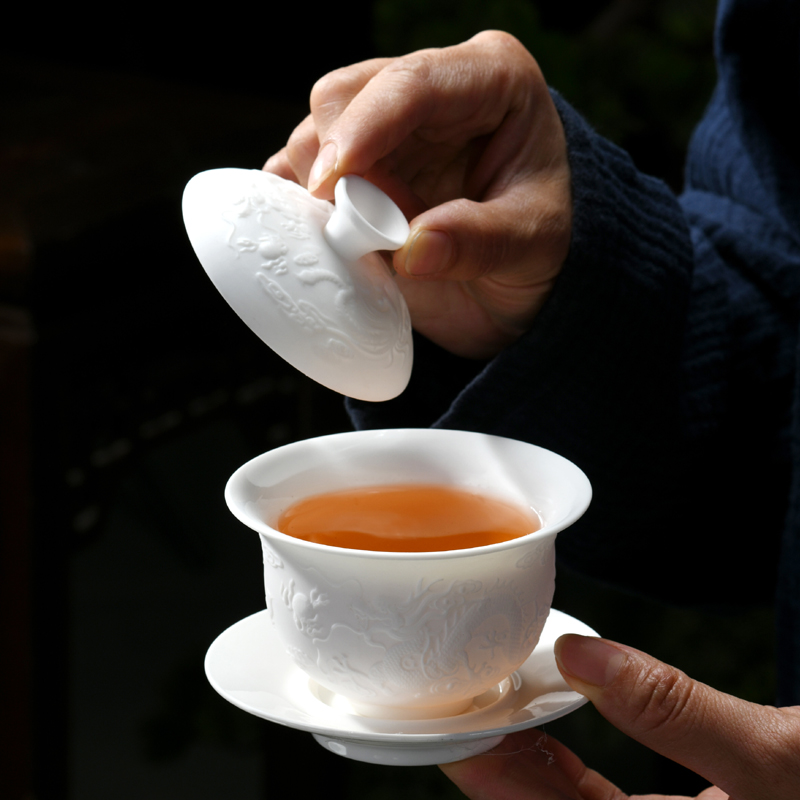 陶瓷素烧羊脂玉瓷龙凤清明河上图功夫茶具整套茶盘盖碗茶杯中式 - 图1