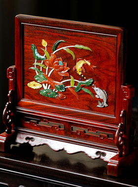 曹堂印度小叶紫檀莲年有余插屏