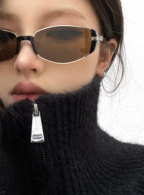 复古金属椭圆茶色太阳眼镜女款高级感辣妹街拍凹造型防紫外线墨镜