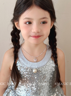 精致银色串珠爱心粉钻项链儿童高级感小众设计锁骨链女童手链配饰