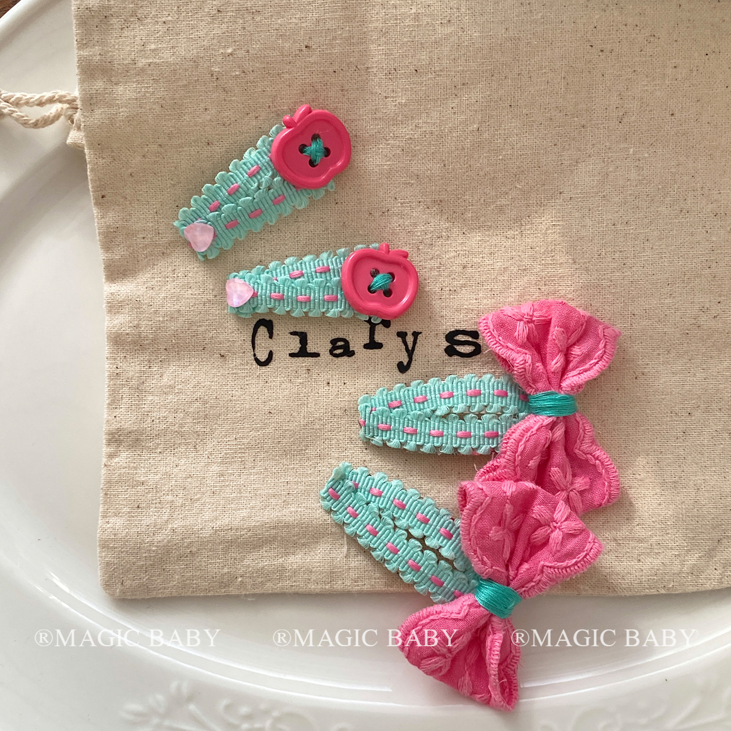 小清新粉绿撞色珍珠蝴蝶结发夹女孩侧边刘海夹女童设计感bb夹头饰 - 图3