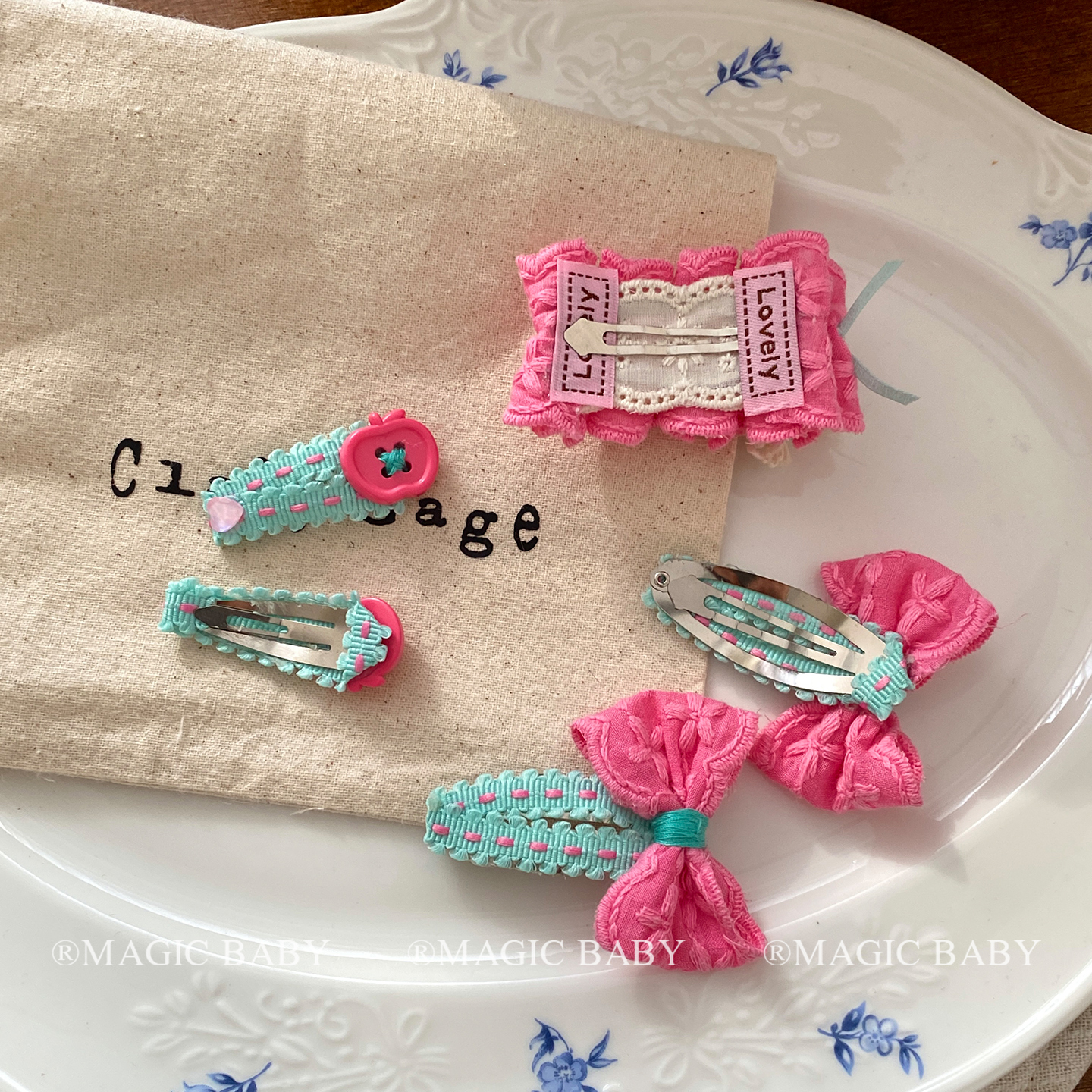 小清新粉绿撞色珍珠蝴蝶结发夹女孩侧边刘海夹女童设计感bb夹头饰 - 图2