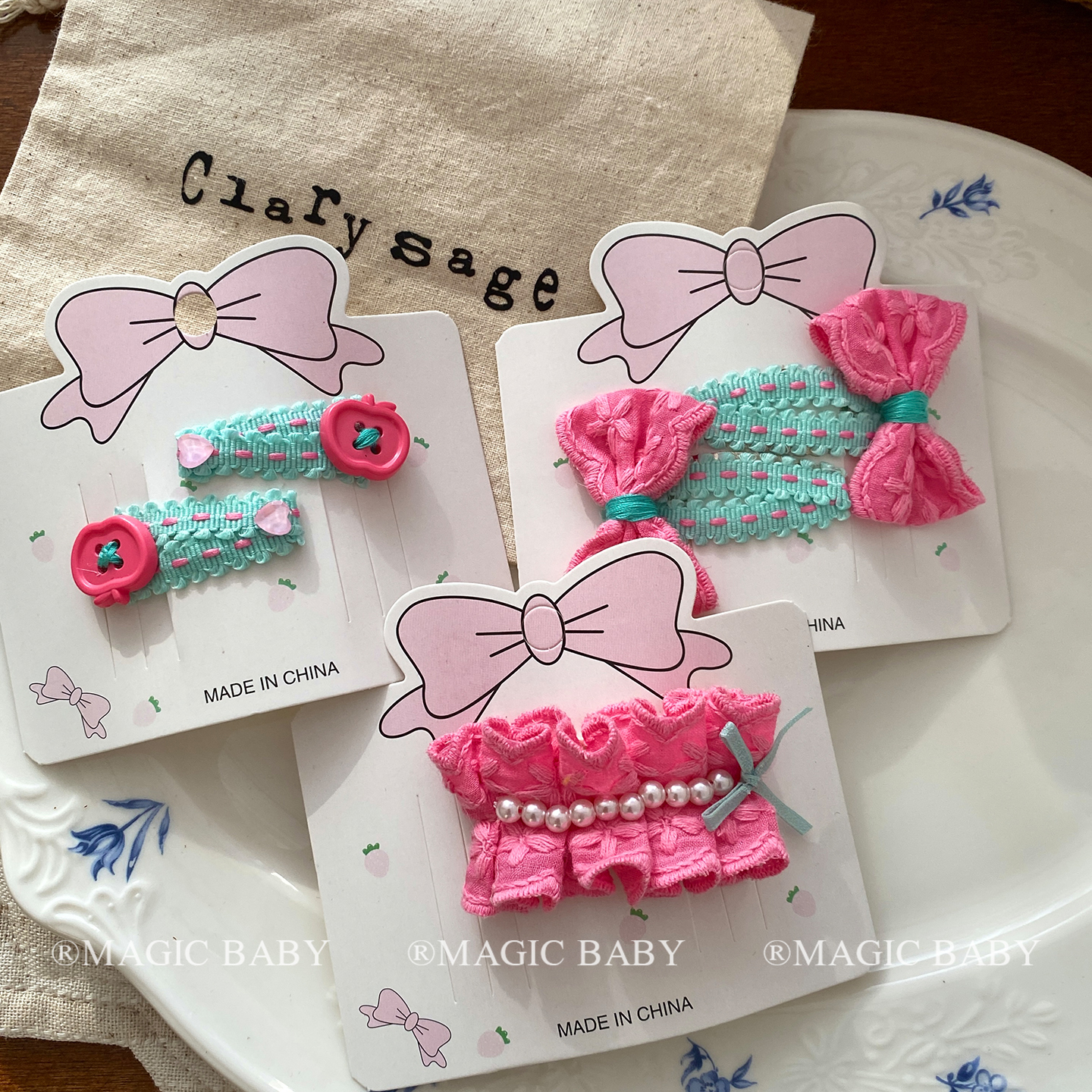 小清新粉绿撞色珍珠蝴蝶结发夹女孩侧边刘海夹女童设计感bb夹头饰 - 图1