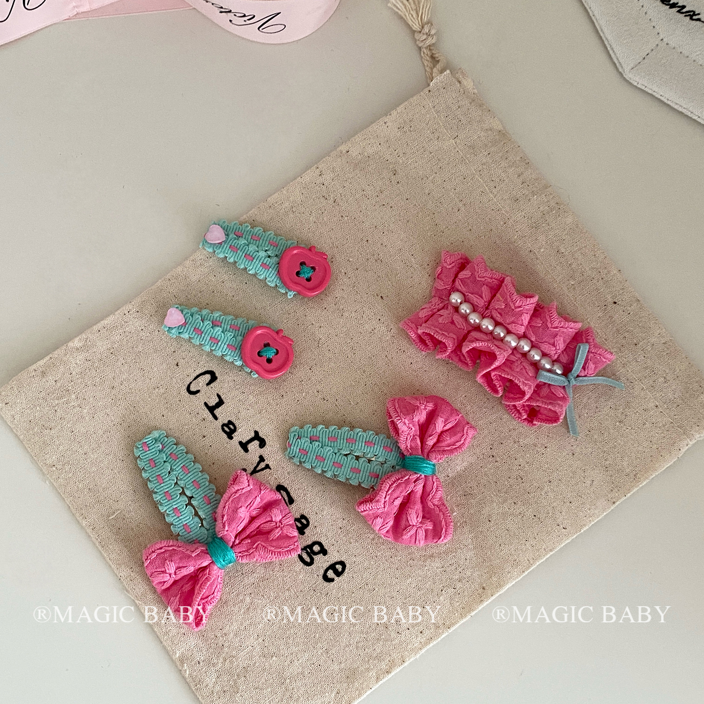 小清新粉绿撞色珍珠蝴蝶结发夹女孩侧边刘海夹女童设计感bb夹头饰 - 图0