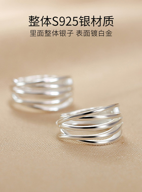 纯银宽版线条耳扣耳钉素圈耳圈