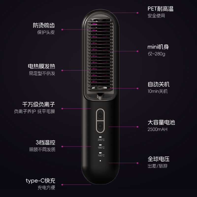 金稻无线直发梳负离子护发便携电梳子美发两用直板夹防静电造型梳