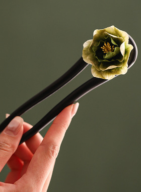 古风手工绒花黑檀木发簪