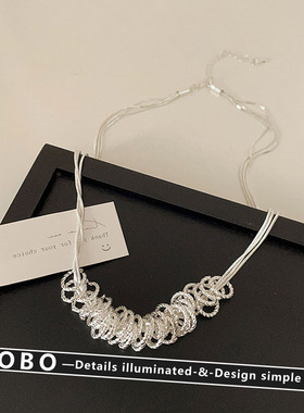 法式复古金属银色圈圈流苏项链女设计感小众个性百搭气质锁骨链
