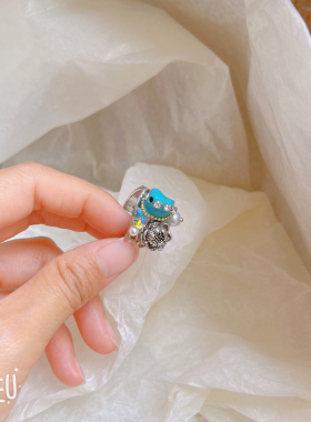 BOBO精致高级感蓝松石戒指甜酷冷淡风闪钻银色花朵食指戒指环女