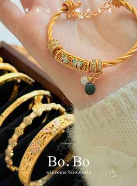 古风轻奢滴油珐琅蝴蝶拉丝开口手环新中式麻花手镯女竹节锆石手饰