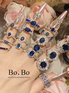 花朵独特小众开口指环蓝刚玉法式