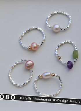 碎银子粉色天然淡水珍珠戒指女法式浪漫温柔风异形彩色弹力指环