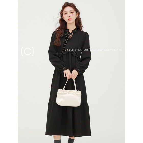 CHACHASTU 프랑스 스타일 슬림 블랙 드레스 여성 긴팔 가을 겨울 2023 새로운 레이스 업 리틀 블랙 드레스