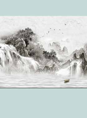 客厅背景水墨画是禅意山水自粘画