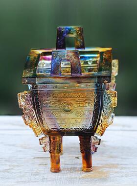 日本进口琉璃四方鼎盛摆件水晶工艺品招财鼎盛家居书房装饰桌面摆