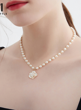 仿珍珠项链山茶花小香风女