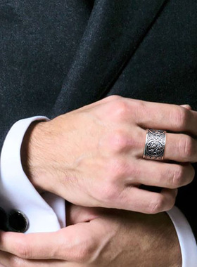 手工雕刻四圣兽纯银戒指男