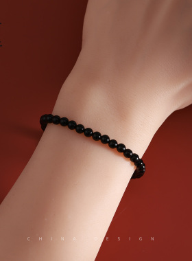 马上有钱天然黑曜石S925银手链女款纯银新中式古风小马生肖手串