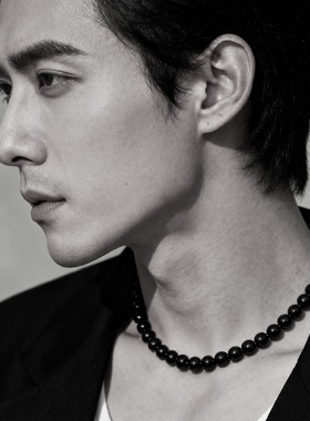 天然黑曜石项链男款纯银毛衣链