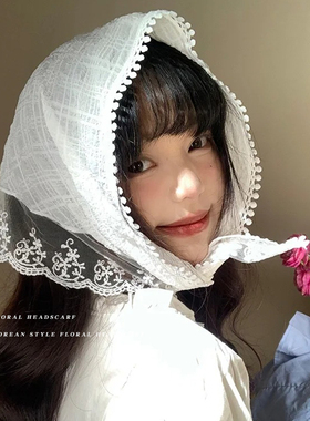 夏季新款米白蕾丝三角头巾