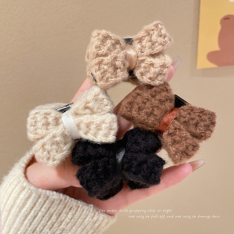 针织蝴蝶结发夹女后脑勺秋冬迷你刘海小抓夹半扎发毛绒发卡头饰 - 图3