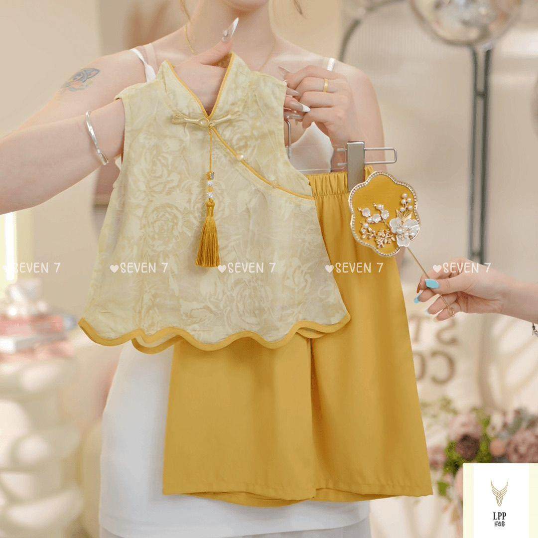 清仓女童2025夏季新款中国风设计感提花盘扣汉服马甲花苞短裤两件,淘宝优惠券,粉丝福利购,淘宝优惠卷