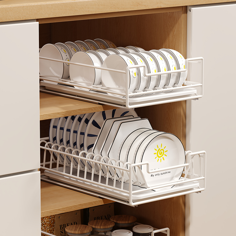 碗碟拉篮厨房橱柜内抽屉式下水槽拐角收纳碗盘调味调料抽拉置物架-图2