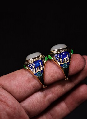 珍品旧藏花丝景泰蓝工艺镶嵌白玉戒面戒指配老布盒一盒收藏