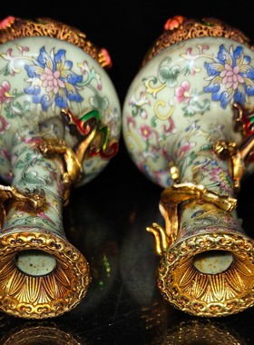 古董古玩瓷器用品老货收藏臻品大清年制铜镶粉彩花卉图纹赏瓶