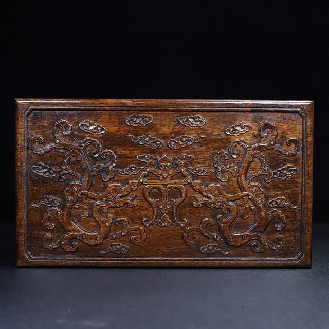 Antique antique Burmese rosewood carved unicorn drum lid storage box solid wood dragon pattern storage box official box ornaments