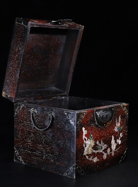 民俗木器收藏老物件旧货檀木镶贝壳花鸟老式首饰盒摆件收纳箱木盒