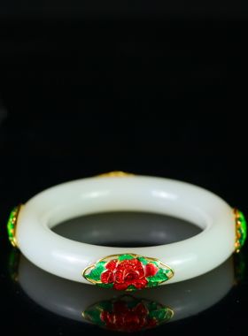 古玩收藏老白玉包金圆条手镯精品正圆女款玉镯子玉手环饰品