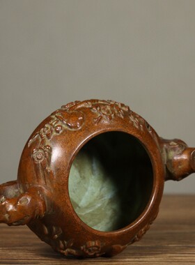 古玩杂项收藏纯铜喜上眉梢茶壶摆件仿古家用供奉供佛茶壶