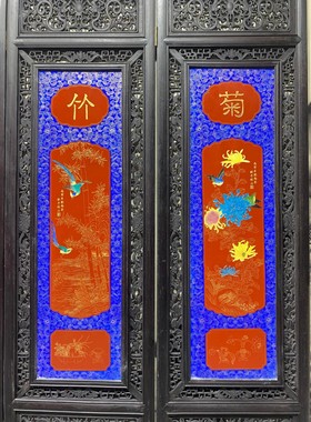 中式老家具摆件红木镶瓷板画粉彩花鸟春夏秋冬四折落地屏风摆件