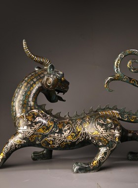 古玩收藏纯铜青铜错金银兽摆件家居装饰品办公室桌面摆设工艺品