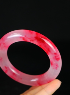 玉石冰种翡翠玉手镯双彩中国红帝王红粗圆条手镯玉镯鸡血红手环