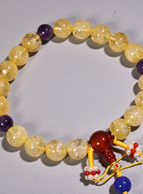 古玩收藏黄水晶手串手链男女款水晶手链手串配老刺绣盒