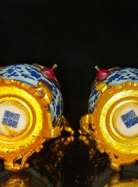 古玩杂项古董旧货瓷器大清乾隆年制青花镶铜回流赏瓶收藏品老物件