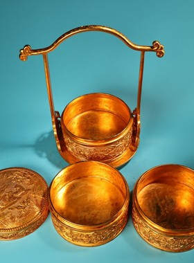 古董收藏复古纯铜鎏金高浮雕手提篮子雕花老式食盒多层收纳盒摆件