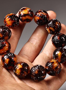 旧古风花梨木镶嵌古龙圆形手串盒实木首饰盒手链瑁手串