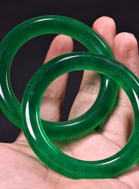 珍藏老坑高冰阳绿老翡翠圆条手镯女冰透帝王绿老翠玉镯子配布盒装