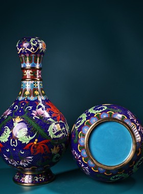 旧藏北京景泰蓝花瓶手绘画珐琅彩花瓶纯手工纯铜胎掐丝黄地蒜头瓶