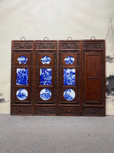 Antique collection mahogany inlaid blue and white porcelain plate painting piano chess calligraphy and painting character hanging screen solid wood carving hollow rosewood