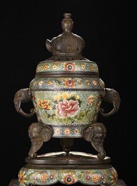 古玩藏传旧藏纯铜镶嵌景泰蓝珐琅彩绘象耳熏香炉礼佳品装饰摆件