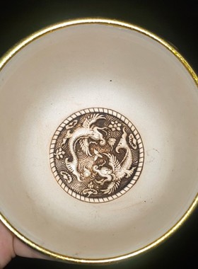 古玩收藏大清乾隆年制景泰蓝双龙戏珠铜鎏金碗家居装饰品摆件送礼