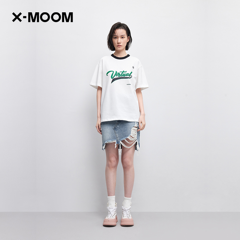 【商场同款】X--MOOM夏季新款撞色美式印花oversize圆领短袖T恤女-图1