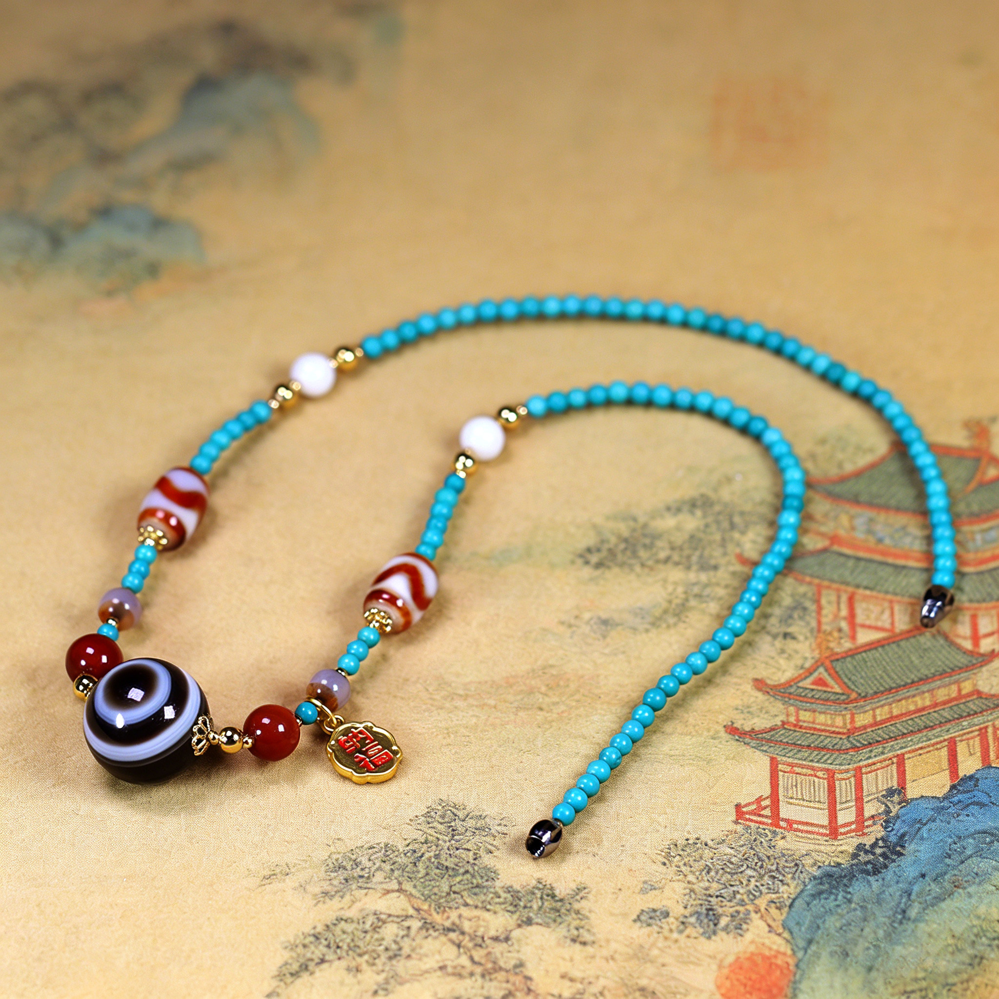 圣饰奇缘 天然黑白羊板眼珠手工编织菱镁矿绿松石高级民族风项链,淘宝优惠券,粉丝福利购,淘宝优惠卷