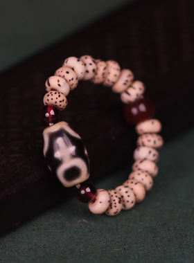 圣饰奇缘 西藏天然玛瑙 虎牙宝瓶菩提金刚水纹天珠 星月菩提戒指