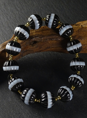 圣饰奇缘黑白一线药师天珠天然西藏真品玛瑙手串男女12*14mm左右