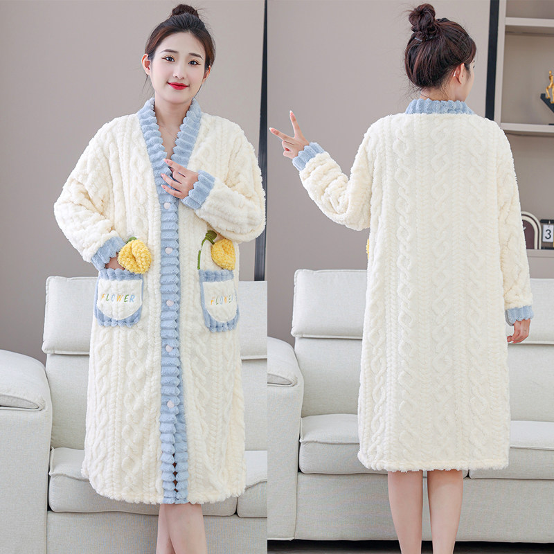 新款宽松保暖休闲纽扣开衫睡衣女舒棉绒睡袍中长中厚可外穿浴袍,淘宝优惠券,粉丝福利购,淘宝优惠卷